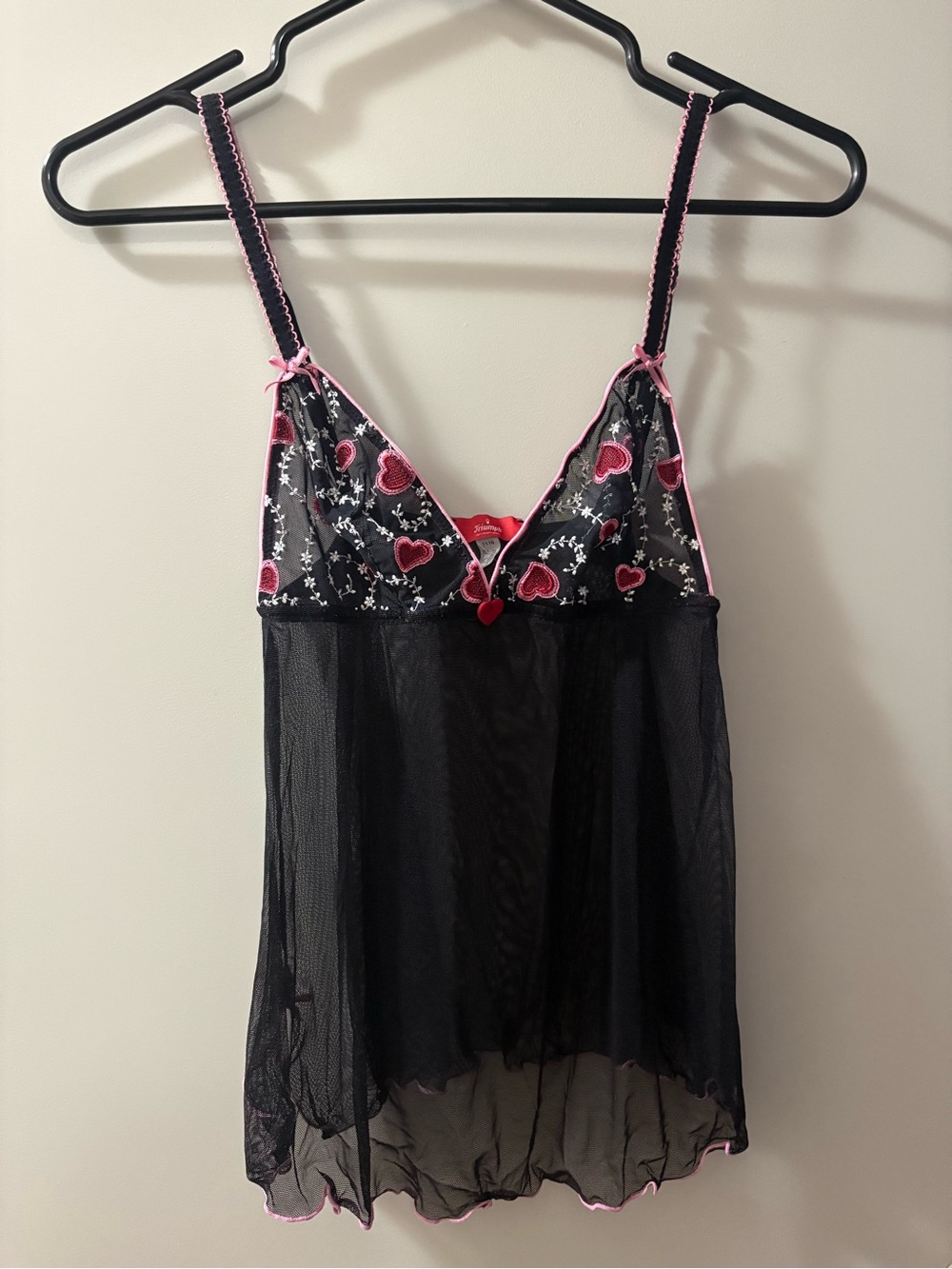 Black Chemise with Pink Heart Embroidery